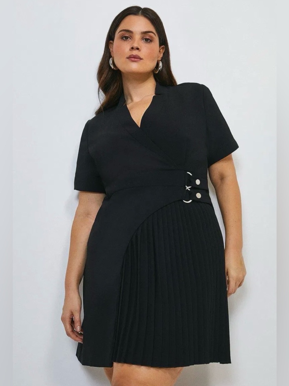 Karen Millen Military Black Pleat Wrap-Front Mini Dress with Side Buckle Size 16 - Picture 4 of 15